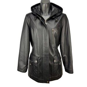 EMC Leather Hooded Adjustable Waist Cargo Pockets Vintage Black Jacket Size M